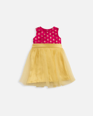 Baby Fuschia Indian Romper With Gold Skirt, Front View