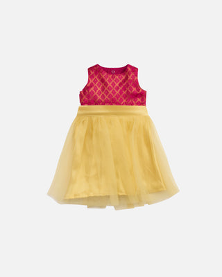 Baby Half Hot Pink Indian Romper With Gold Skirt, Front View