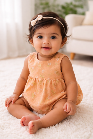Baby girl in a peach romper outfit sitting on a white carpet