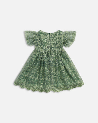 Back view of Sage green floral lace baby dress with cap sleeves inspired by nature and Japanese design
