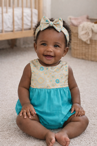 Baby wearing Sea Blue Brocade Romper while sitting