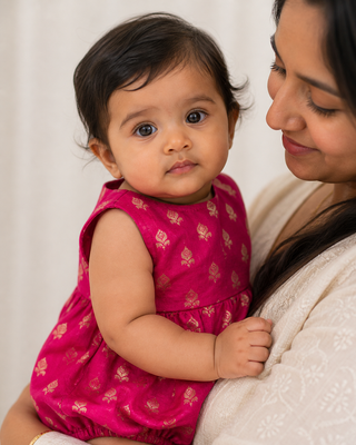 Baby in a pink romper with a pattern, held by a woman against a white background