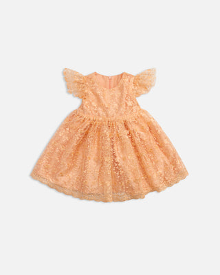 Peach floral lace baby dress with cap sleeves inspired by Japanese cherry blossom tradition