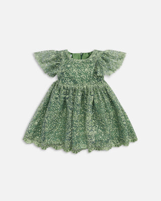 Sage green floral lace baby dress with cap sleeves inspired by nature and Japanese design