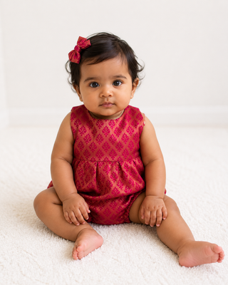 Baby sitting forward facing wearing hot pink brocade romper