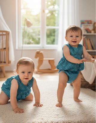Two babies in matching blue outfits standing on a light-colored rug in a room with a crib and toys.