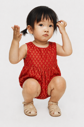 A toddler girl wearing a red sleeveless romper with a small gold pattern, crouching against a plain light gray background.